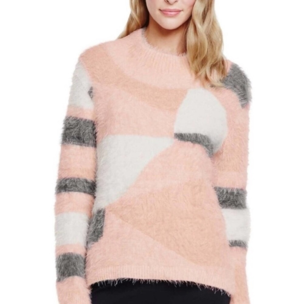 VINCE CAMUTO Pink Gray White EYELASH Geometric Mock Turtleneck Sweater Sz S